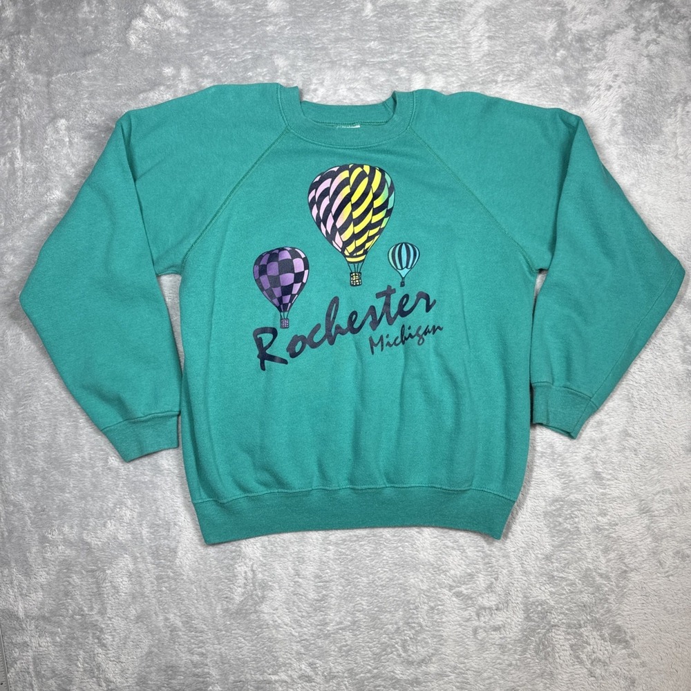 Vintage Hanes Raglan Sweatshirt Large Teal Rochester Michigan Hot Air Balloons